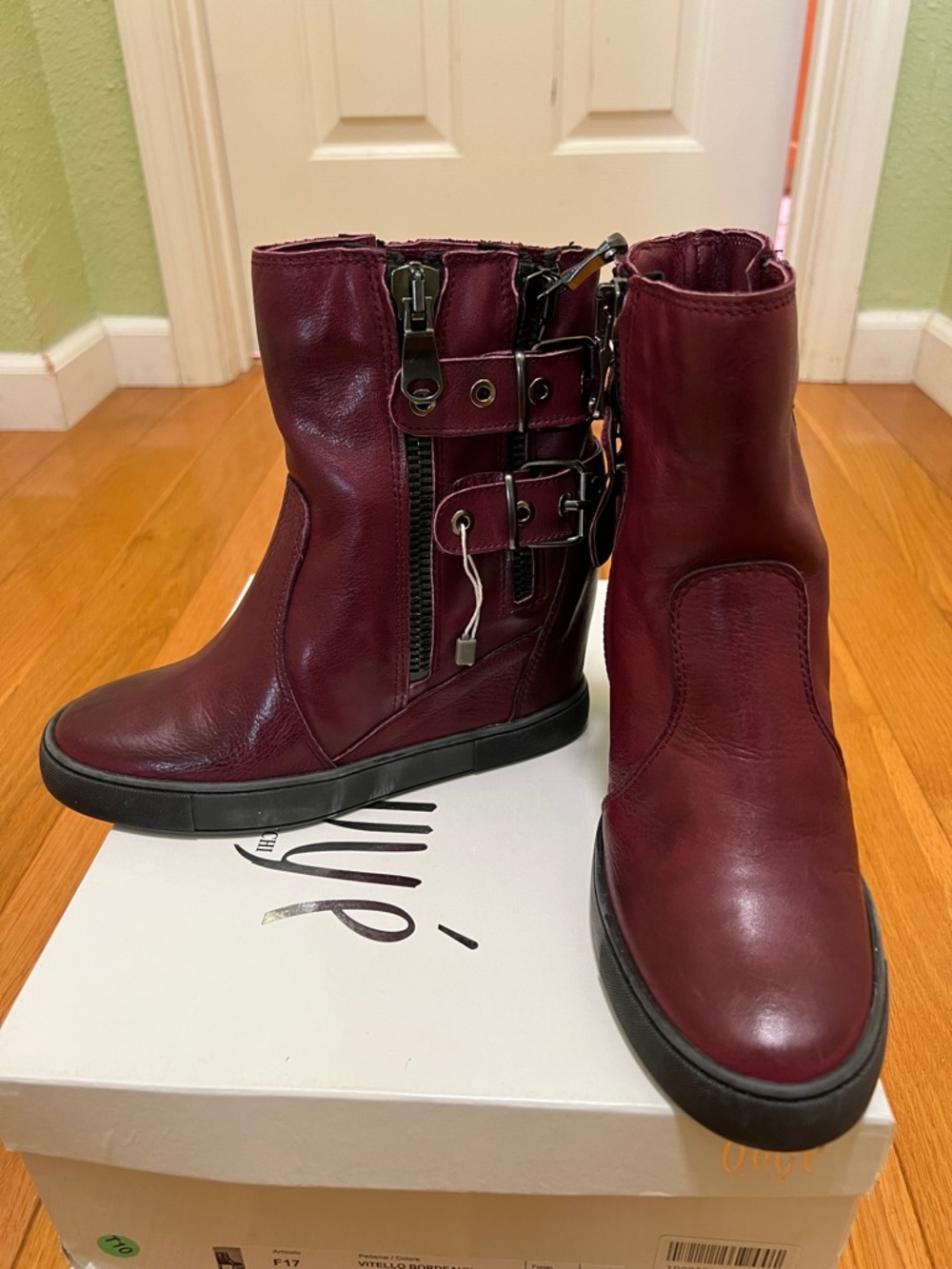 Women's Burgundy Zip & Buckle Mid-Height Ankle Booties
